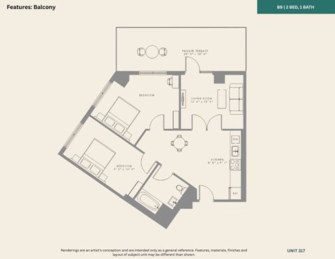 Floor plan for 2 beds, 2 baths, 789 sqft